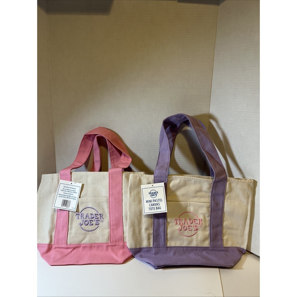 Trader Joe's Mini Pastel Tote Bags Lot of 2 PURPLE PINK Canvas BRAND NEW NWT